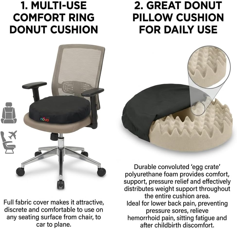 NOVA Medical Products Donut Pillow Seat Cushion with Convoluted â€œEgg Crateâ€ Foam, Travel Ring Cushion, Removable & Washable Black Cover