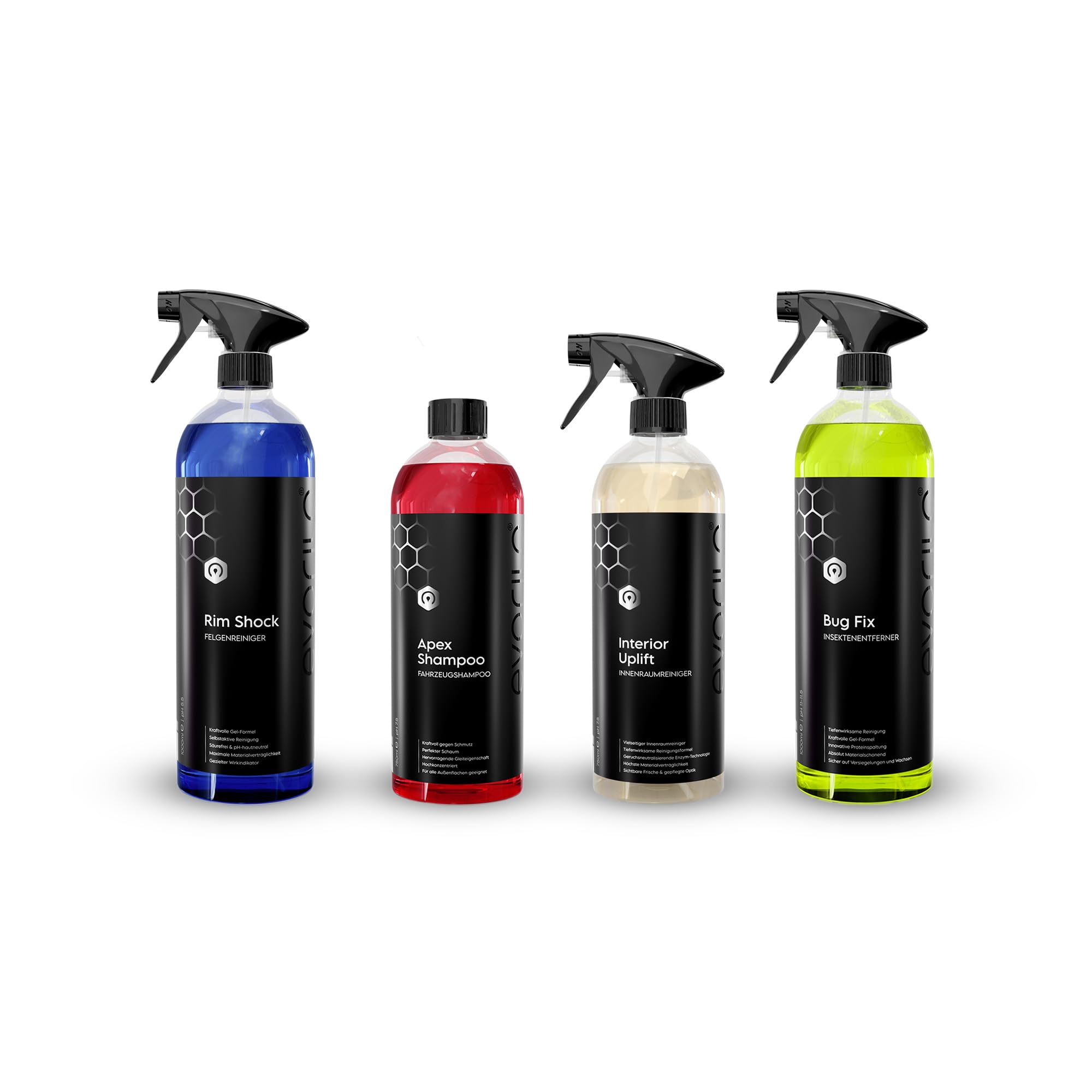 Autopflege Set für Felgen, Lack, Innenraum & Front | Felgenreiniger + Shampoo + Innenraumreiniger + Insektenentferner | 4-teilig