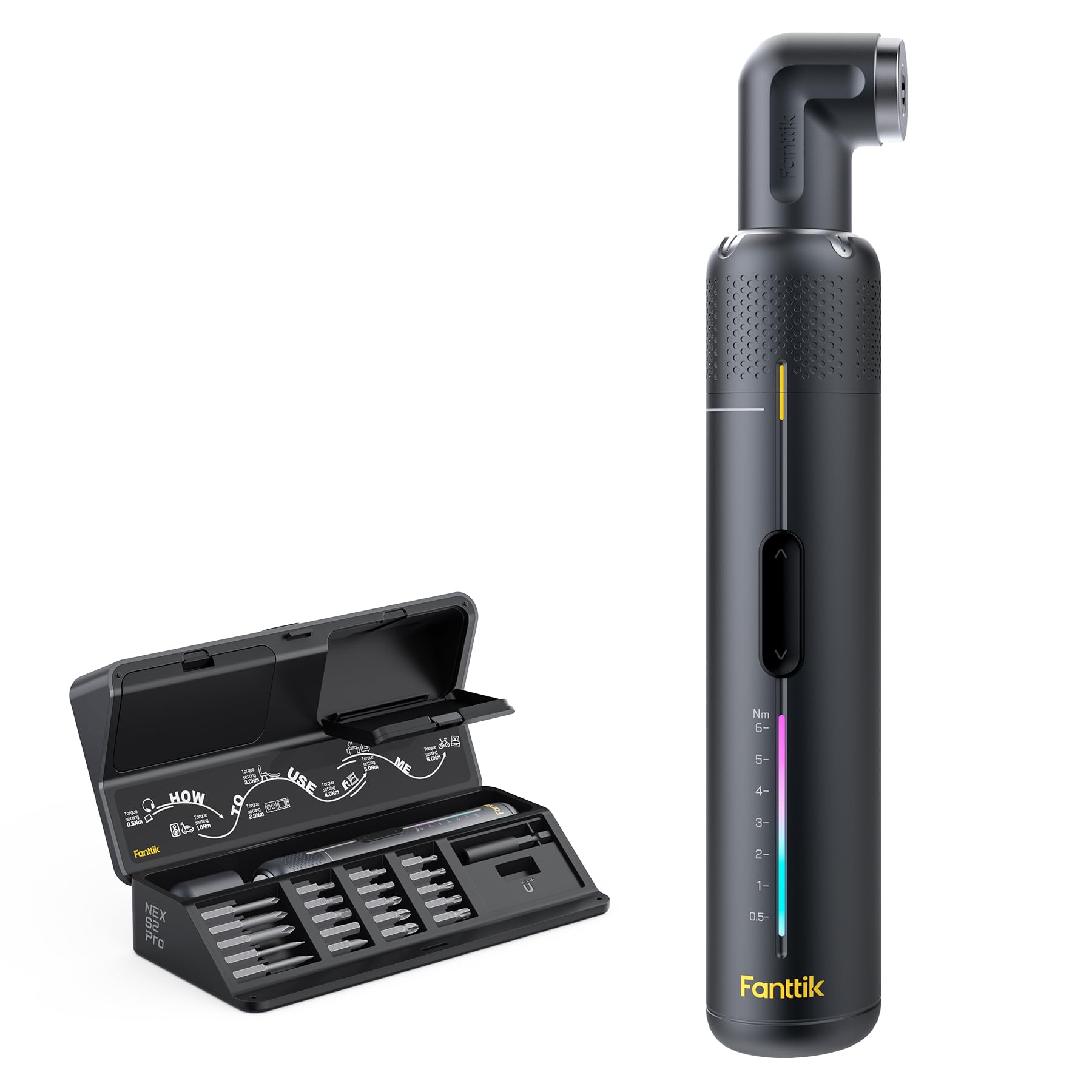 Fanttik S2 Pro Electric Screwdriver, Rechargeable Screwdriver Set, 7 Levels of Torque Adjustment, Cordless, 0.5 to 6 N.m, 20 Pieces, 1/4 Inch Hex Shank, 90° Angle Adapter, Furniture Assembly, DIY