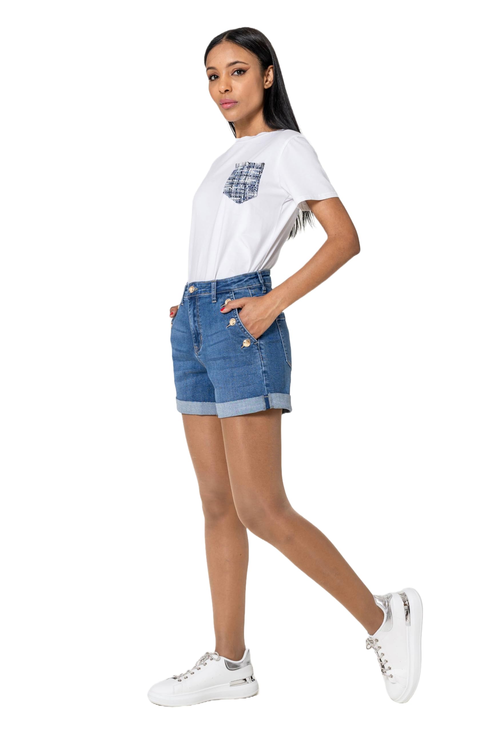 Nina Carter Short en jean taille haute pour femme, au look usé, élégant, short d'été en denim