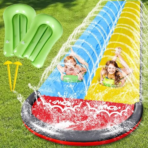 CHANCCI 15.7pés/480cm Tobogán de Agua con 2 Tablas, Tobogán Acuático para Césped,Escorrega Resistente com pulverizador e 2 tábuas insufláveis para crianças e Adultos,Verano, Aire Libre