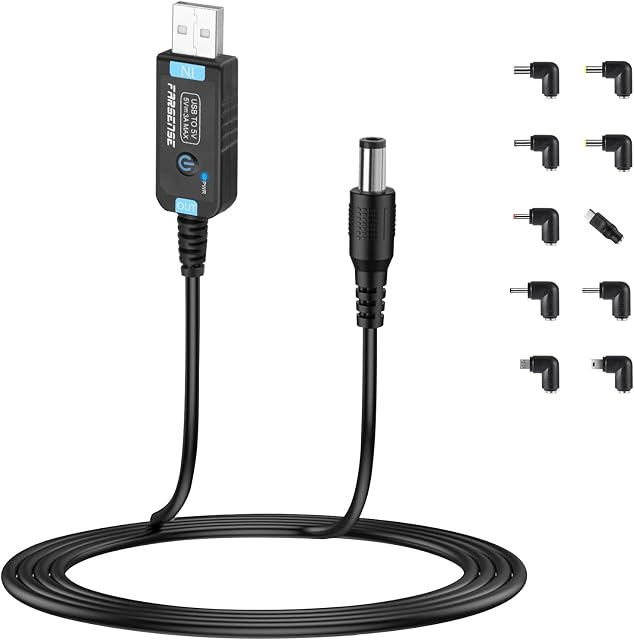 FARSENSE USB to DC 5V Power Cable, Universal Charging Cable with Cylindrical DC 5.5x2.1mm Connector (3 Feet) with 10 Connector Tips, USB Power Cable to 5V Cylindrical Connector with
