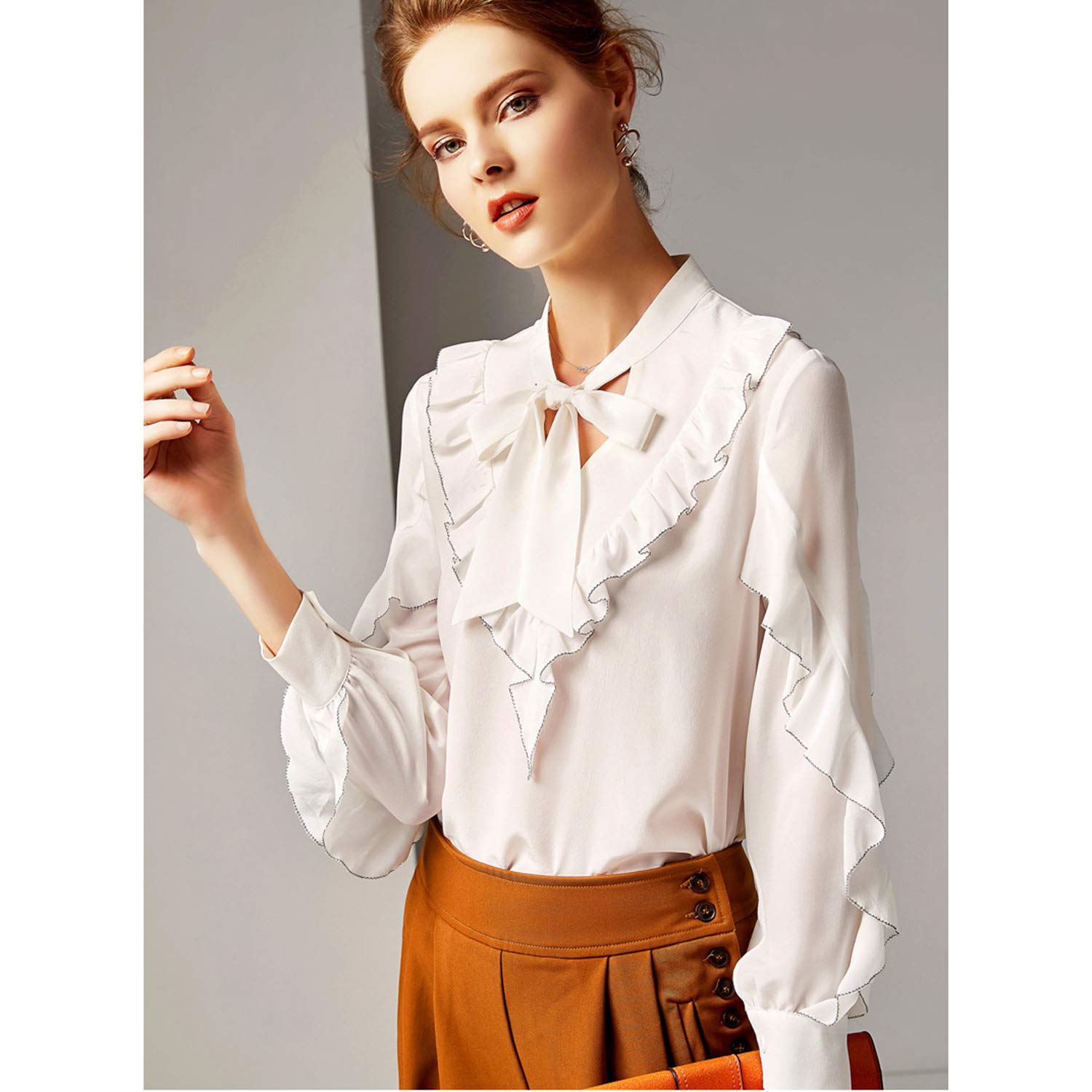 Camicia Bianca Basic in Seta, Blusa A Maniche Lunghe A Farfalla Dolce, Abbigliamento da Intervista