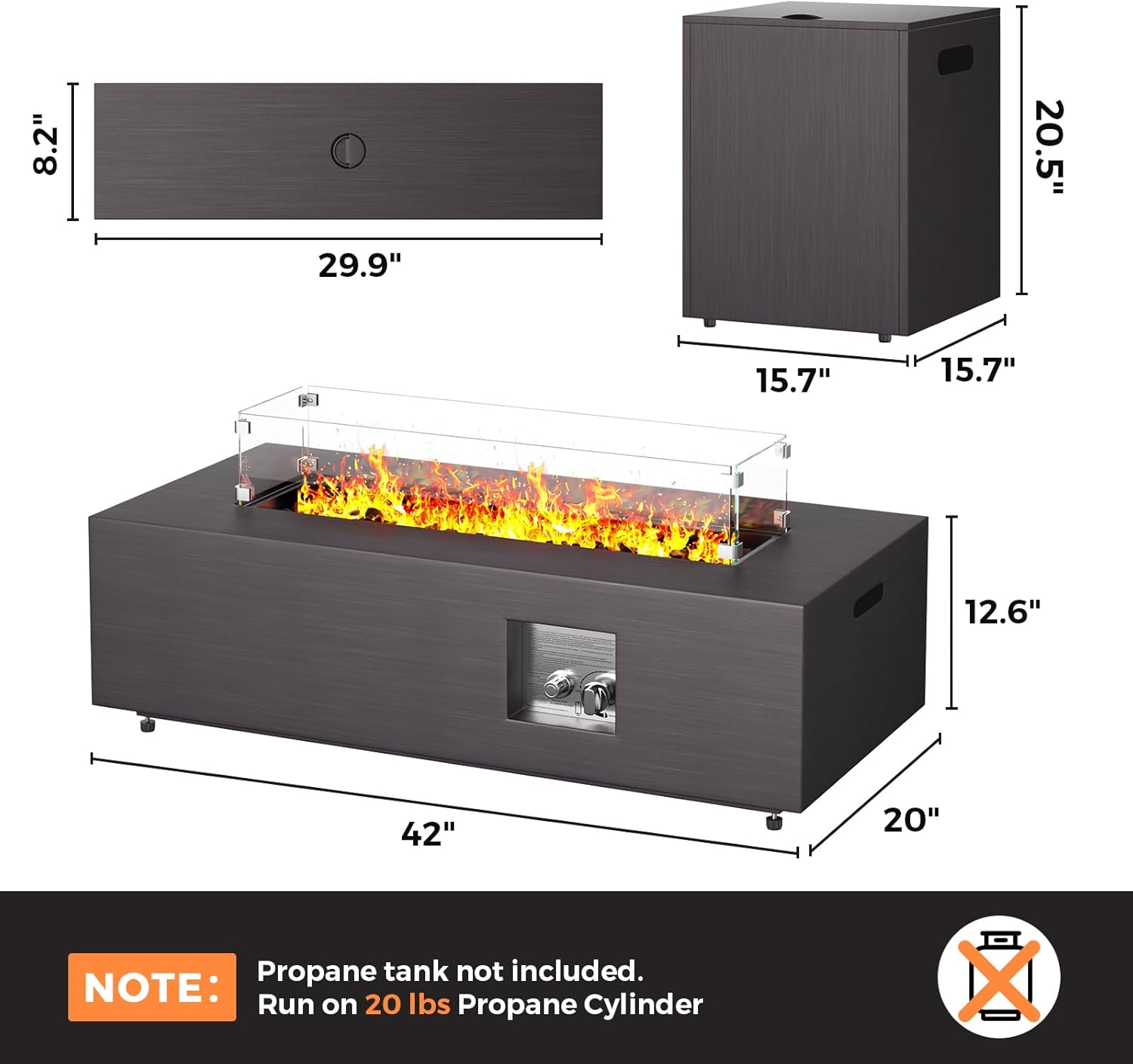Jocoevol 42” Rectangular Fire Pit Tables 2-Piece 50,000 BTU Outdoor Propane Gas Fire Pit with Wind Guard, Waterproof Cover, Lava Rocks for Outside Patio Backyard