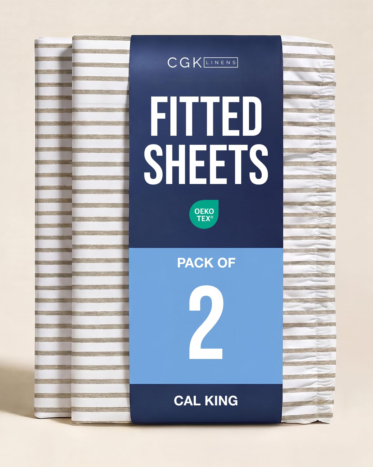Cal King Fitted Sheet - Pack of 2 Fitted Bottom Sheet - Beige Stripes
