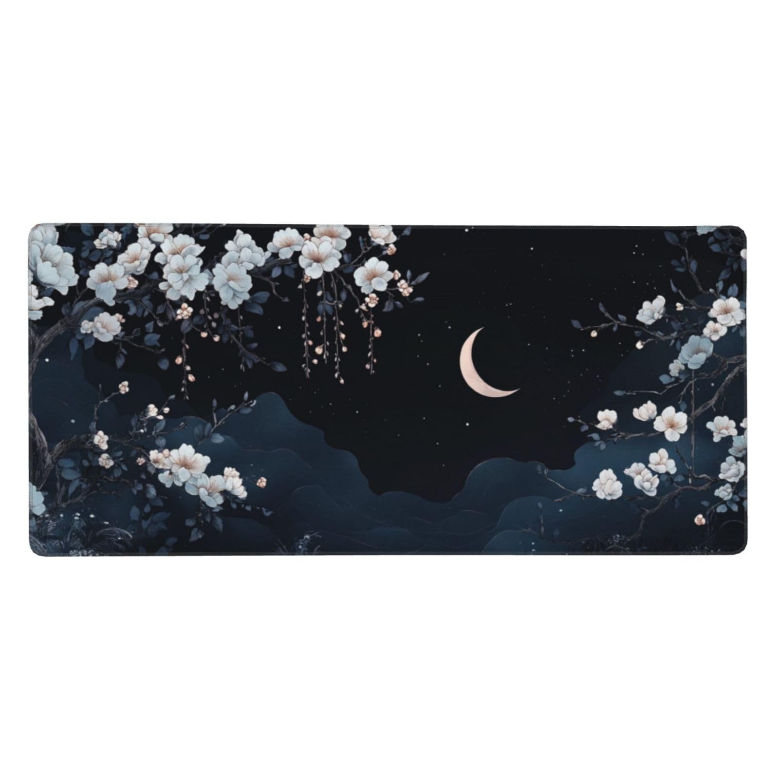 Tappetino Mouse XXL Fiori & Luna, 100 x 50 cm Tappetino da Scrivania G434 | Tappetino per Mouse, Base in Gomma Antiscivolo, Superficie Impermeabile, Bordi Cuciti, Tappetino Scrivania per Ufficio, Gioco