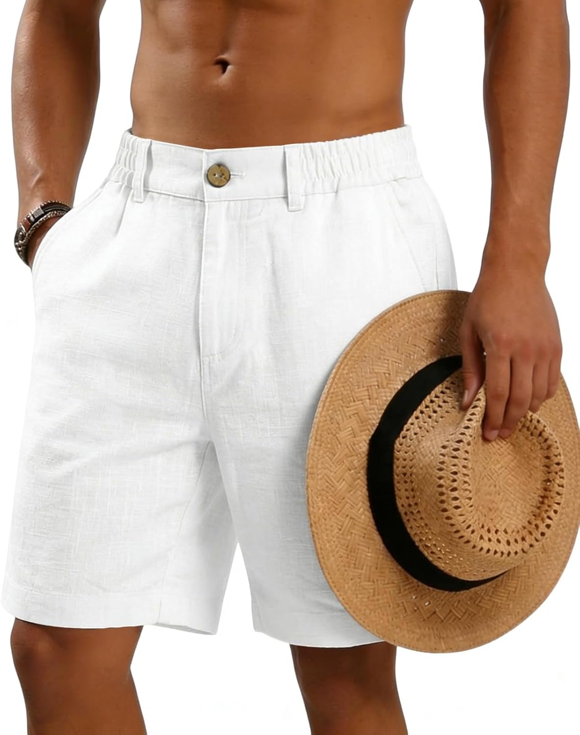 CEHT Men’s Cotton Linen Shorts Button Elastic Waist Casual Summer Beach Vacation Golf Shorts with Pocket