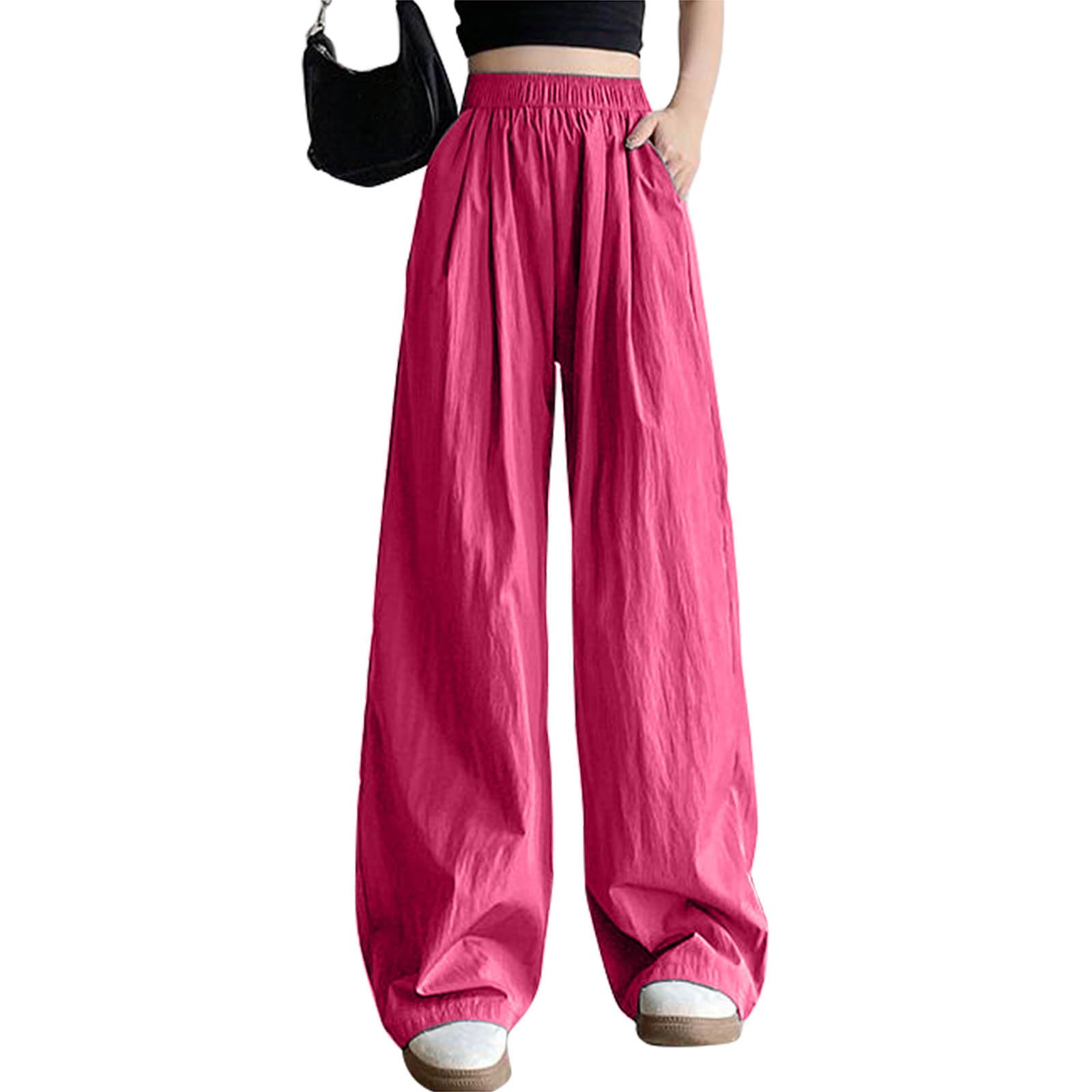 Women Wide Leg Lounge Pants Summer Thin High Waisted Casual Palazzo Pant Comfy Soft Beach Travel Vacation Outfits(Hot Pink,Small)