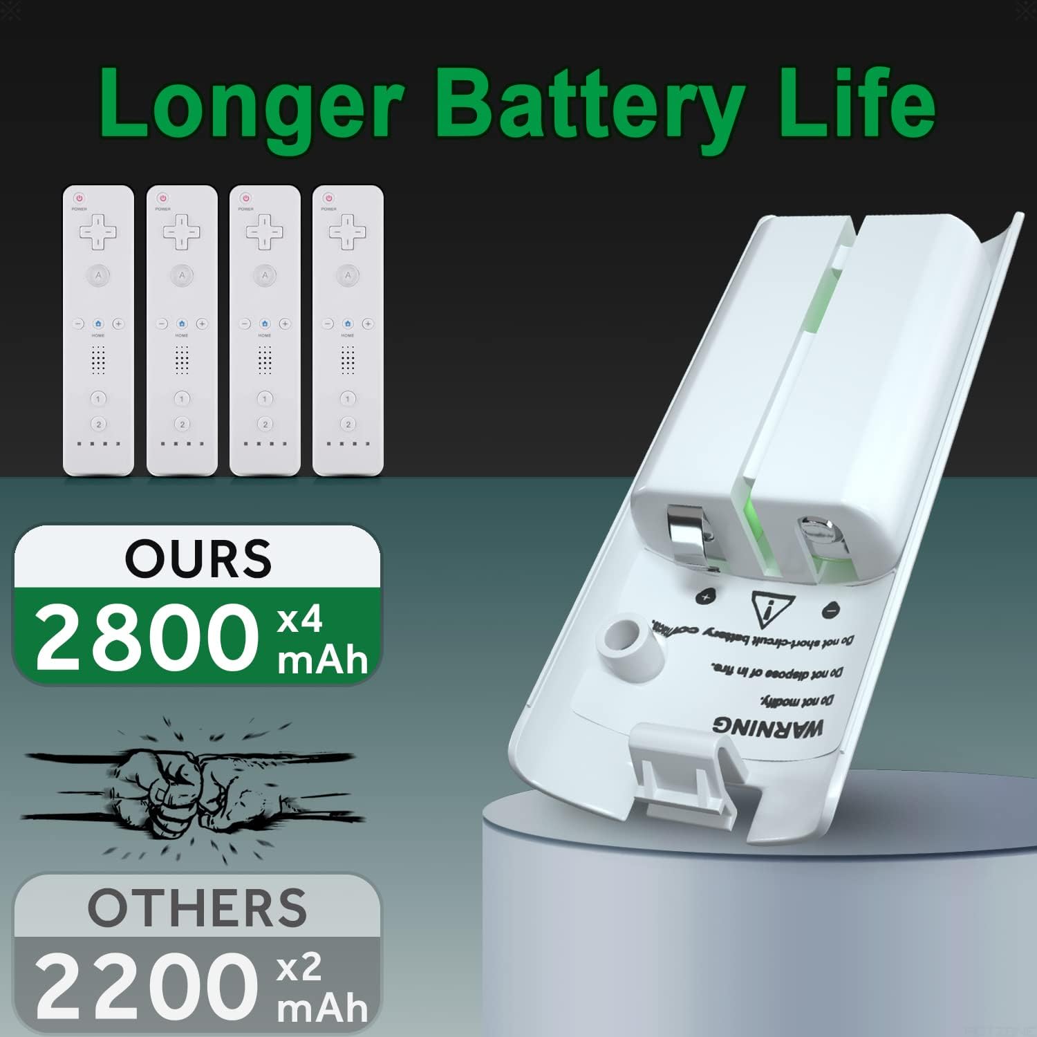 4pcs 2800mAh Rechargeable Wii Remote Controller Batteries, 4-in-1 Wii Remote Battery Charger Station Compatible with Wii Remote Controller