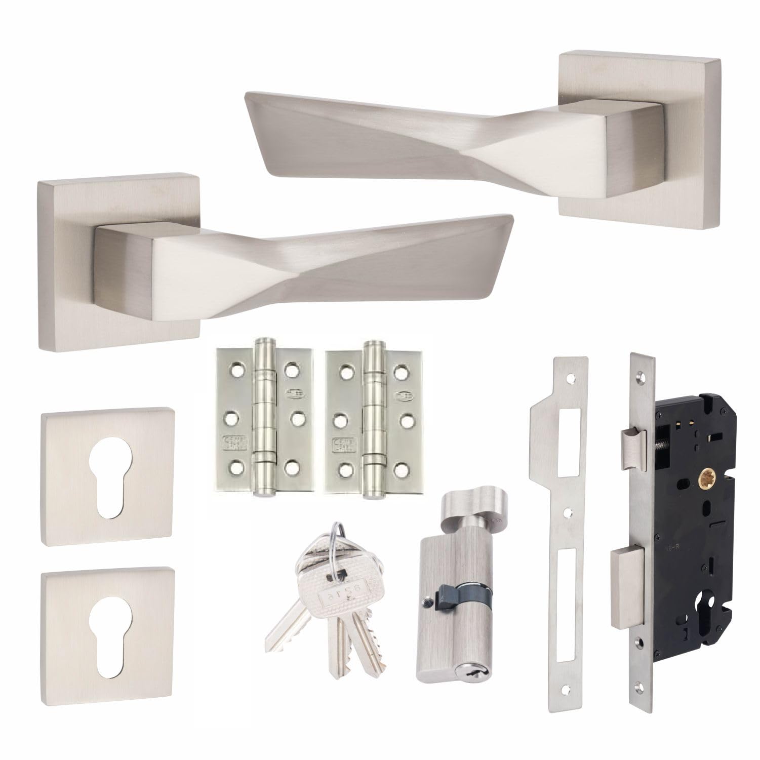 Golden Grace Satin Nickel Finish 1 Pair Modern Aura Euro Lock Door Handles, 70Mm Key & Thumbturn Barrell And Ball Bearing Hinges