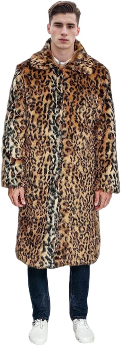 UMREN Mens Faux Fur Coat Long Black Jacket Warm Furry Overcoat Outwear