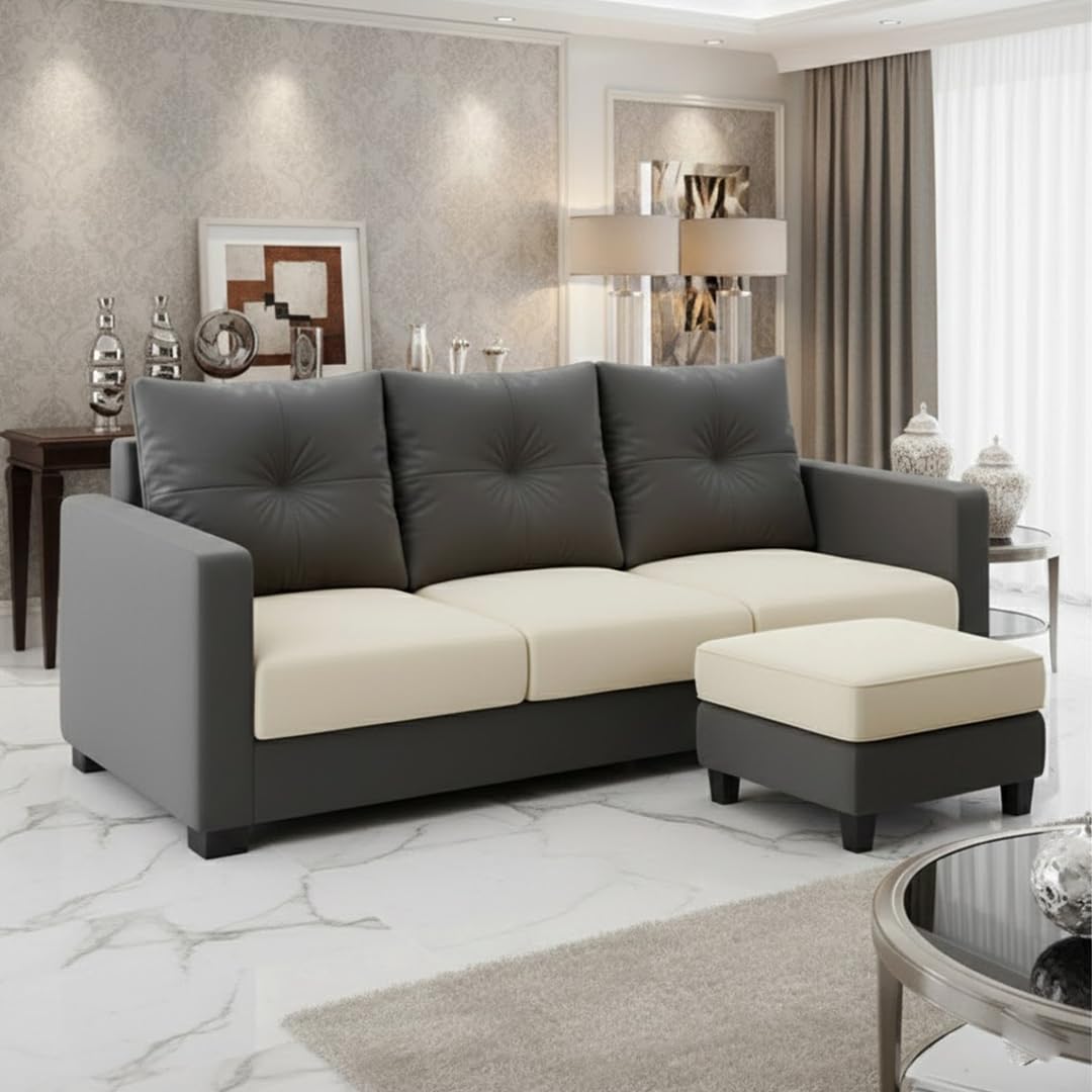 Homeway Luxe Velvet-Suede Fabric 3 Seater Sofa Set with Ottoman | Comfortable Seating | Modern Sofa for Living Room – Cream & Dark Gray-image-45