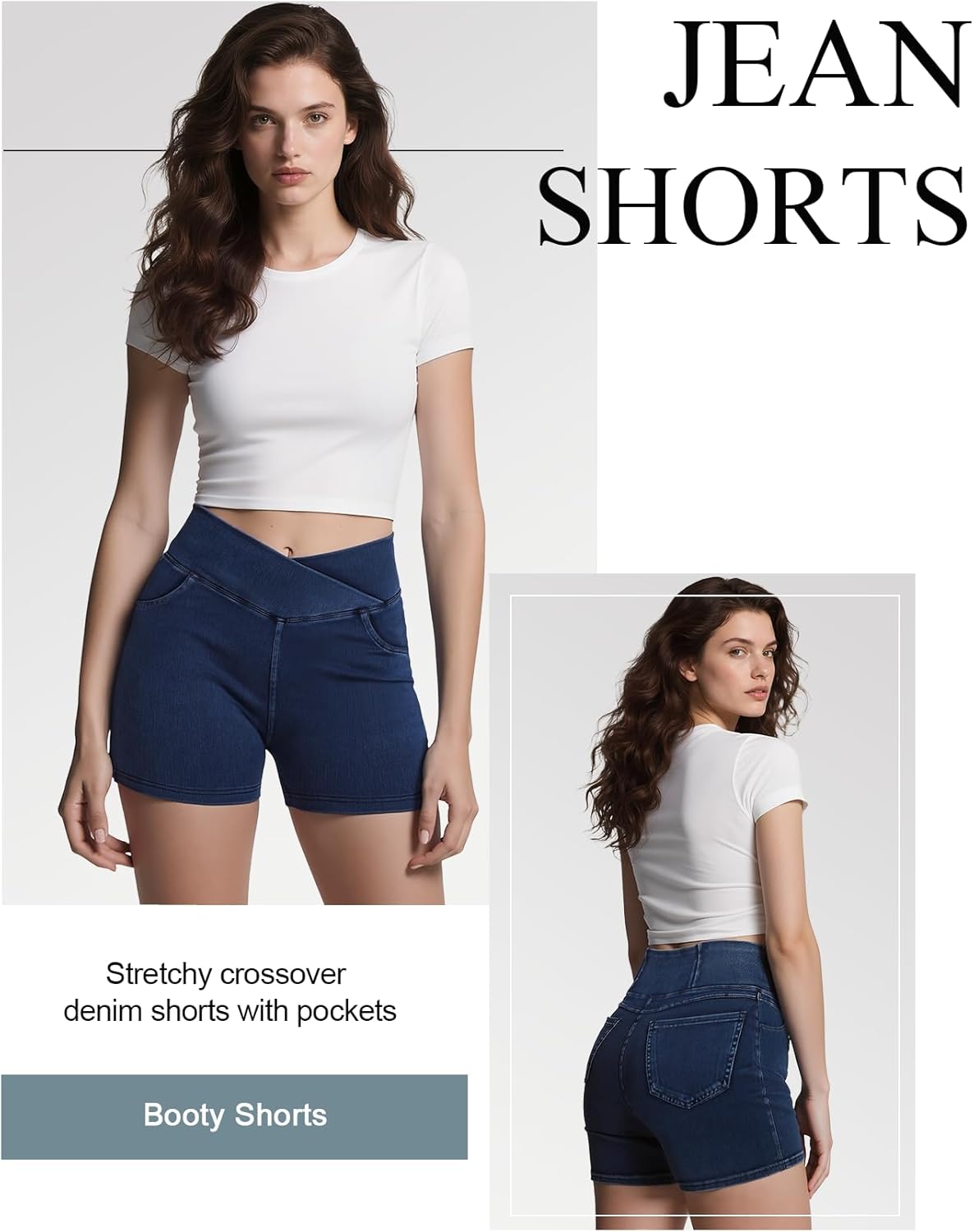 Women’s Stretchy Jean Shorts Crossover High Waisted Pull On Denim Shorts with Pockets - Image 2