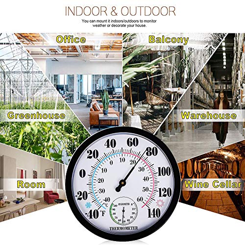 Indoor Outdoor Thermometer Hygrometer, Lirches Outdoor Thermometer Large Numbers, Decorative Outdoor Thermometers For Patio, No Battery Needed Wall Thermometer Round 10" In Diameter #TOP6