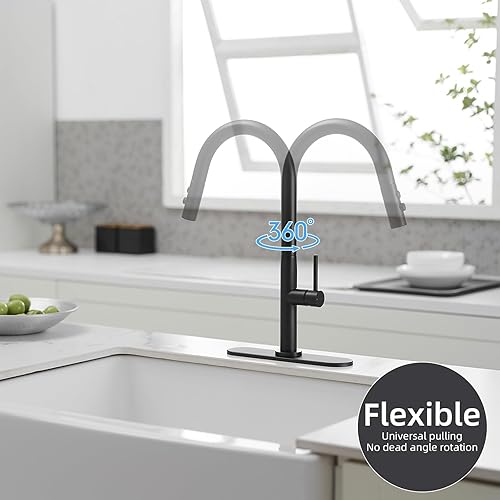 Miniatura 3 de BWE Grifos de cocina con rociador desplegable de 2 funciones de arco alto negro mate grifo de fregadero de cocina de latón de una sola manija con