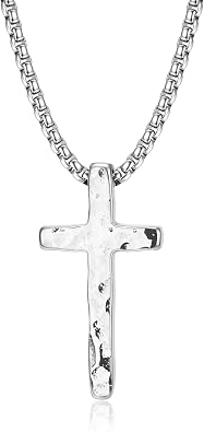 316L Stainless Steel Cross Necklace for Men, 18-26 Inch | Stainless Steel Cross Pendant for Men, Hand-Forged Christian Style, Hammered Cross Necklace with Box Chain, Nail Cross