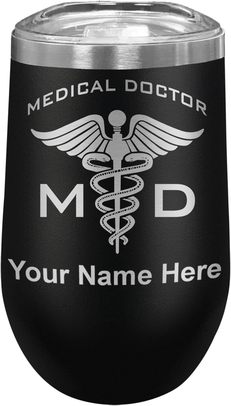 LaserGram 16oz Double Wall Stainless Steel Wine Glass Tumbler, MD Medical Doctor, Personalized Engraving Included (Black)