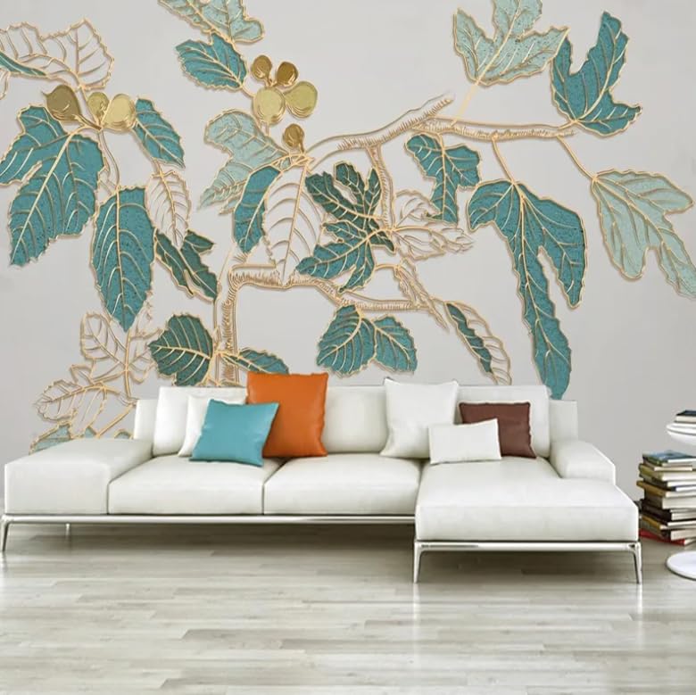 Papier peint panoramique 3D feuilles dorées nordique 150x105 cm