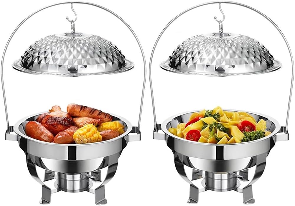 Luxury 8QT Chafing Dish Set of 2 – Elegant Stainless Steel Buffet Warmers with Gold Accents, Lids, Food & Water Pans, Fuel Holders [Worry-Free Assemble] for Weddings, Catering & Events