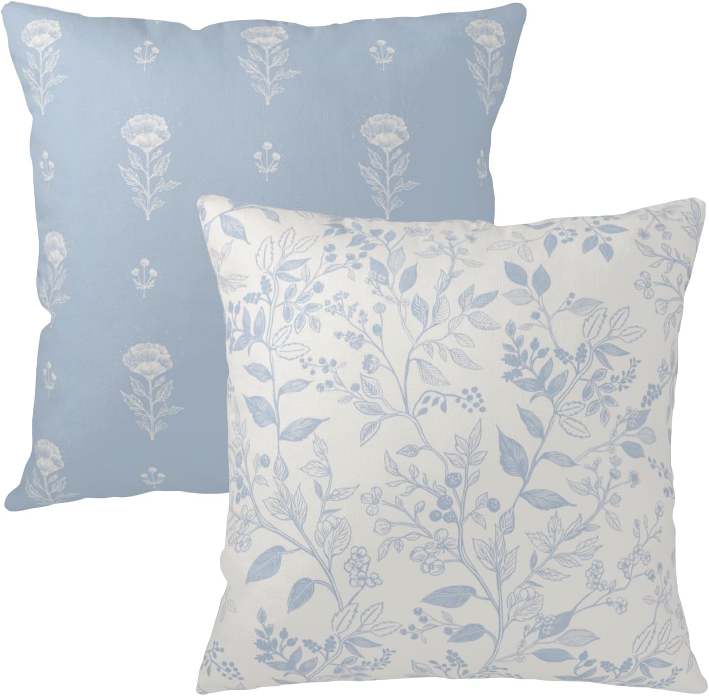 Light Blue Floral Throw Pillow Covers 18x18 Inch Set of 2 Blue and Cream Botanical Vintage Flower Cushion Covers Rustic Farmhouse Neutral Accent Pillowcases for Home Couch Decor