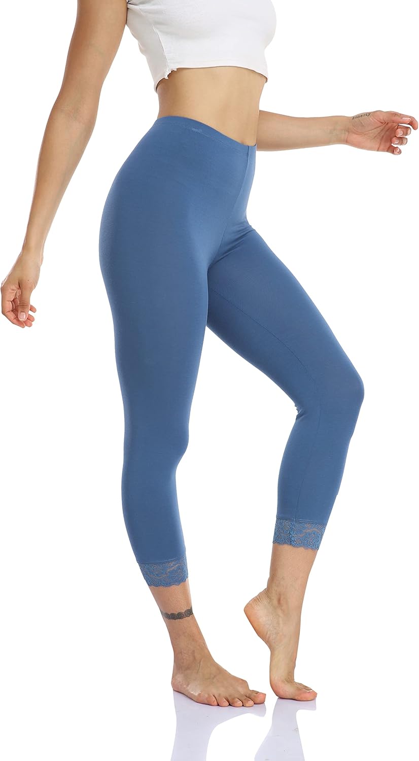 Women's Lace Trim Leggings 3/4 Length Capri Stretchy High Waist Yoga Cropped Leggings Lightweight Tights - Image 2