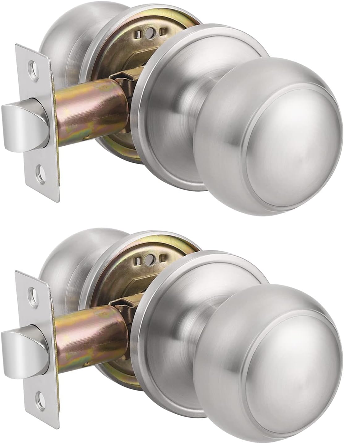 Brushed Nickel Passage Door Knobs Round Handles for Hall or Closet Knobs Keyless Hardware, 2 Pack