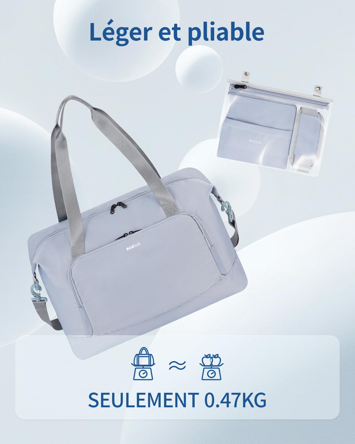 ECOHUB Sac de Voyage Femme, Bagages Cabine 45x36x20 Easyjet, Sac Voyage Cabine avec Amovible Poche Humide, Sac Avion Weekend, Bagage à Main Valise Léger Imperméable, d'Hôpital, Week-End, Gris-bleu,30L