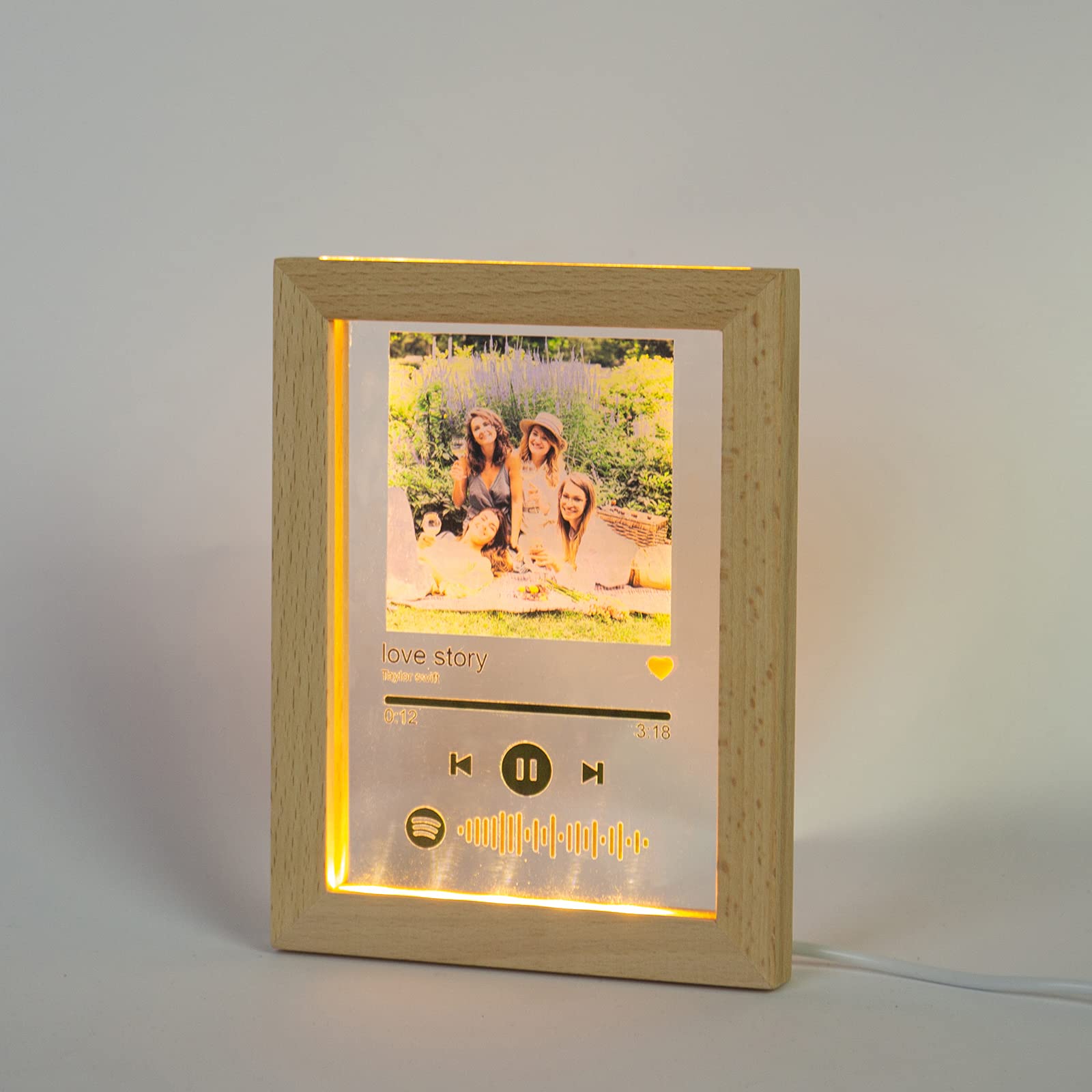 Lampada Da Comodino Personalizzata Con Foto E Codice Spotify - Targa Acrilica Con Base In Legno, Regalo Unico Per San Valentino O Compleanno