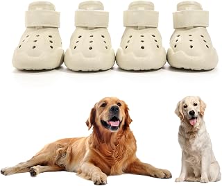 DOGOYS Dog Shoes for Hot Pavement & Snow: Non-Slip Waterproof Booties, Adjustable Straps, Rugged Sole - 4 Pack Beige (Medium Dogs)