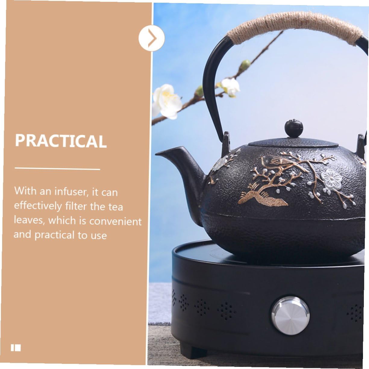 Homoyoyo Tetera Vintage de Hierro Fundido Infusor y Asa Cómoda para Hogar, Tetera Japonesa Negra Adecuado para Preparar Infusiones y Té en Casa