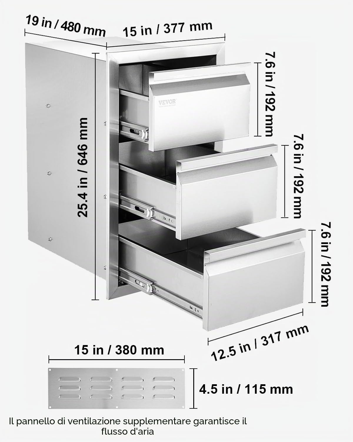 VEVOR Cassettiera per Barbecue, Cassetto per Cucina da Esterno, Cassette Argento in Acciaio Inossidabile, Cassettiera da Cucina con Maniglia Incorporata Uso in Stoviglie (4,7 x 25,4 x 18,7 Pollici)