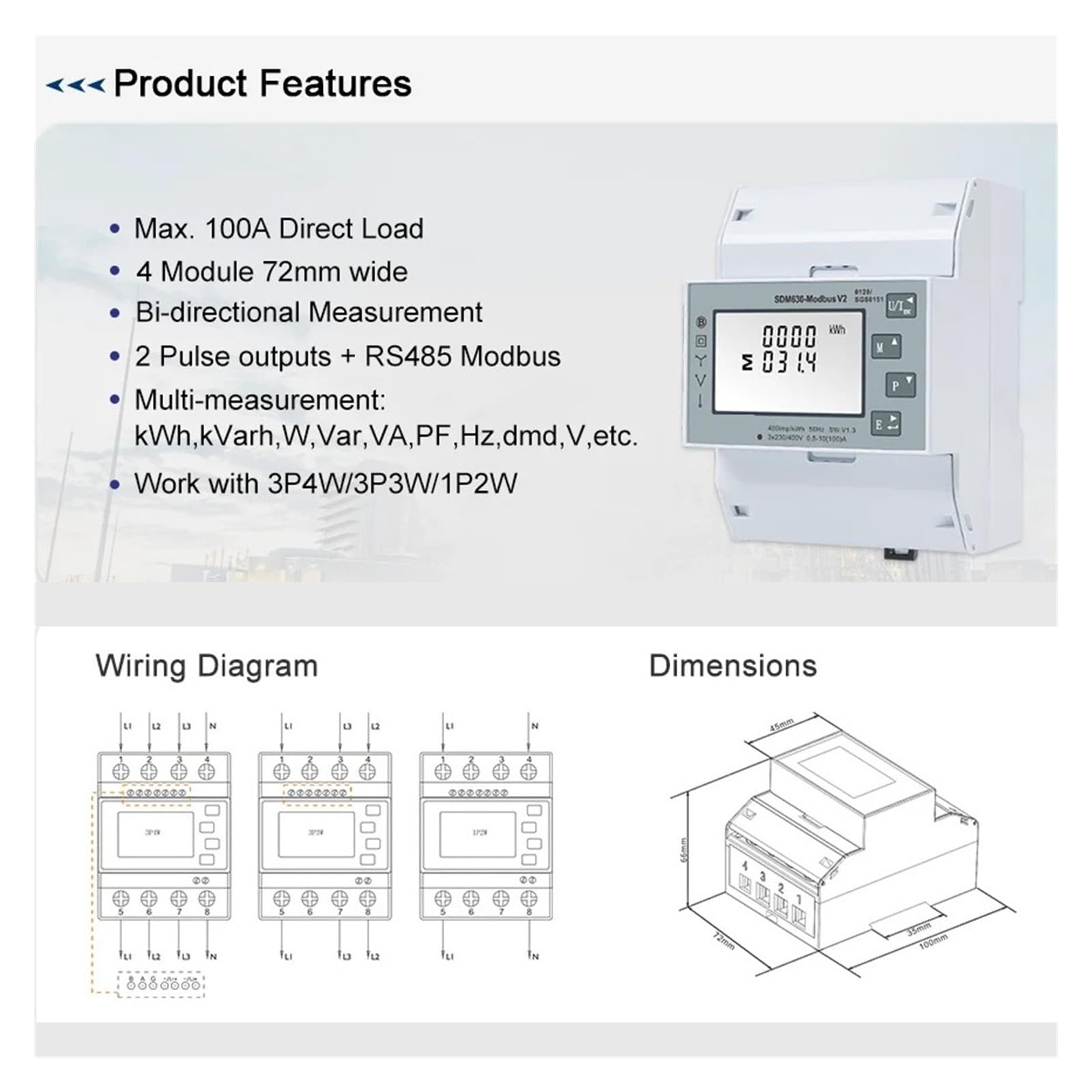 Dreiphasen-Energiezähler, SDM630 Modbus-V2 Multifunktions-Energiezähler 1P2W 3P3W 3P4W Modbus/Impulsausgangsanschluss RS485