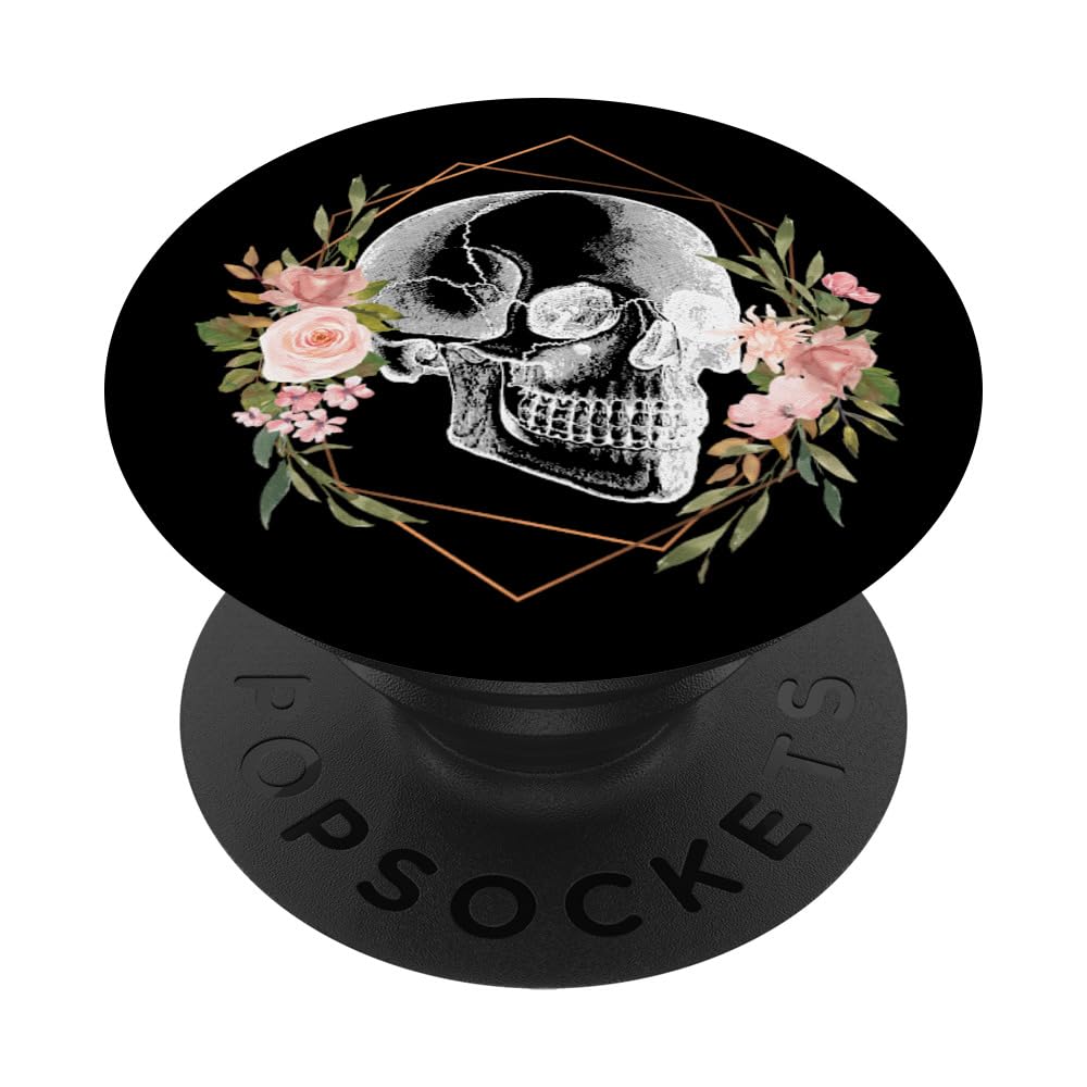 Skull - Skeleton - Macabre Vintage Black Floral Flower PopSockets Adhesive PopGrip