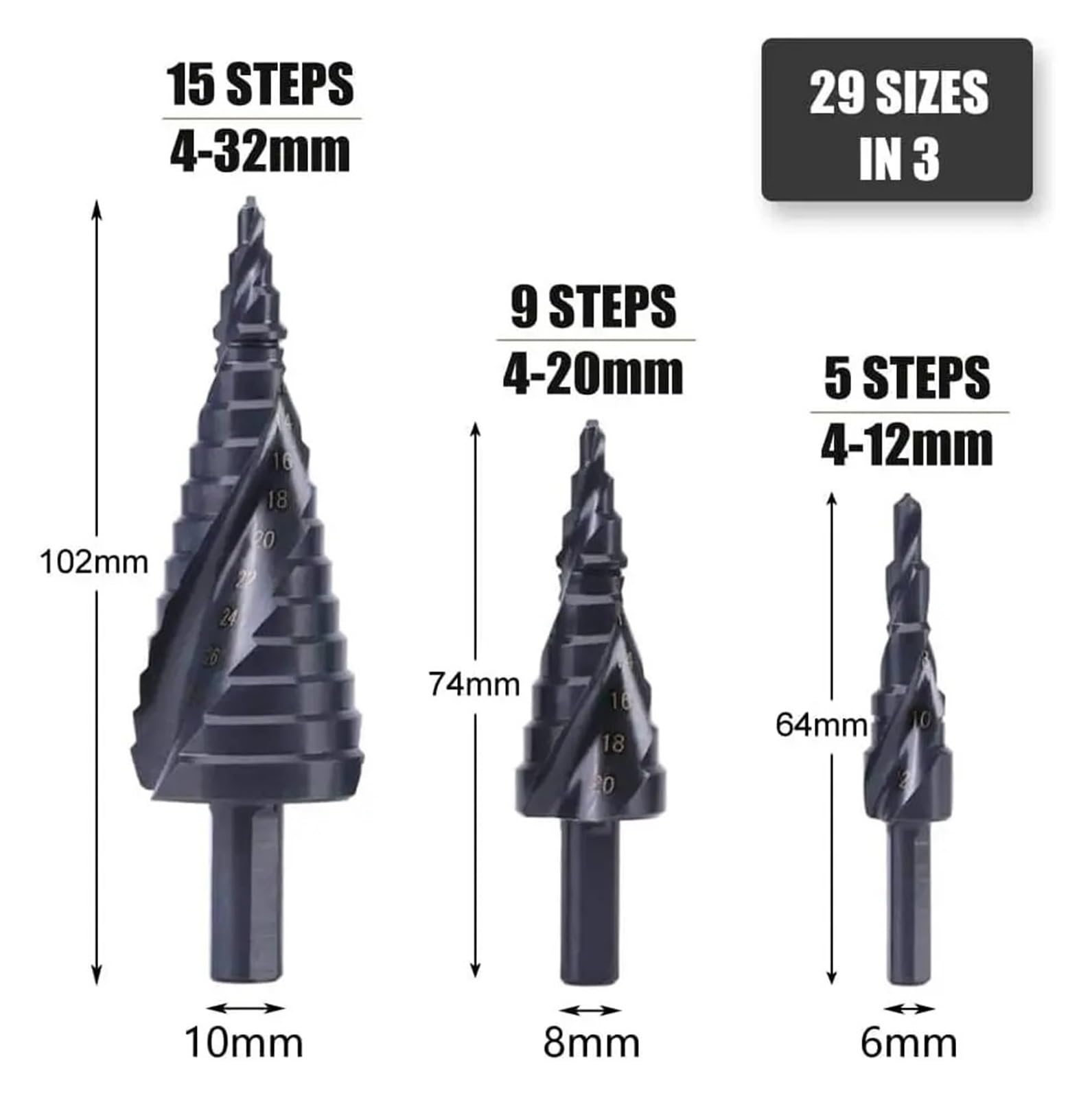 Juego de brocas de 3 uds. De 4-32mm, espiral de acero de alta velocidad con nitrógeno for perforación de agujeros de vástago Triangular(Hexagon Shank 3PC)