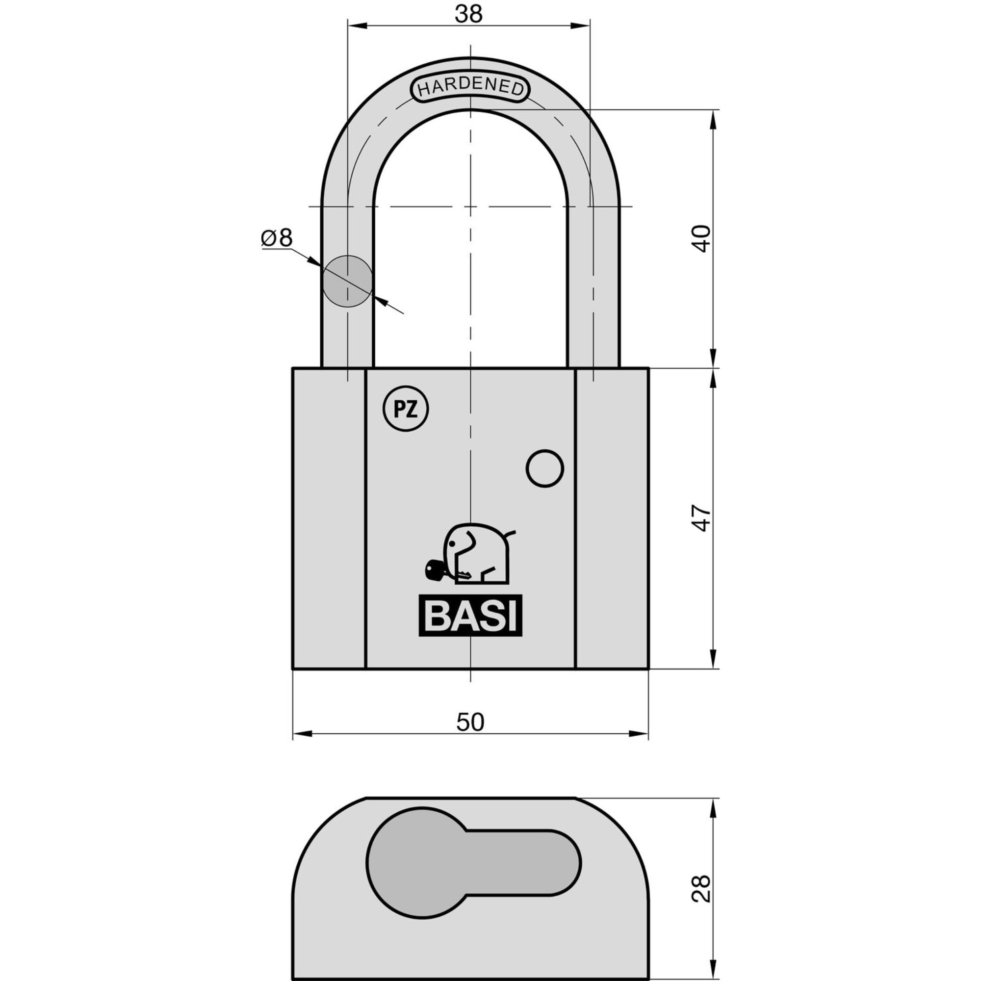 BASI Lucchetto per tenda in ottone, con cilindro di chiusura e 5 chiavi, profilo intercambiabile, 10/30 mm, altezza staffa: 40 mm, spessore staffa: 8 mm
