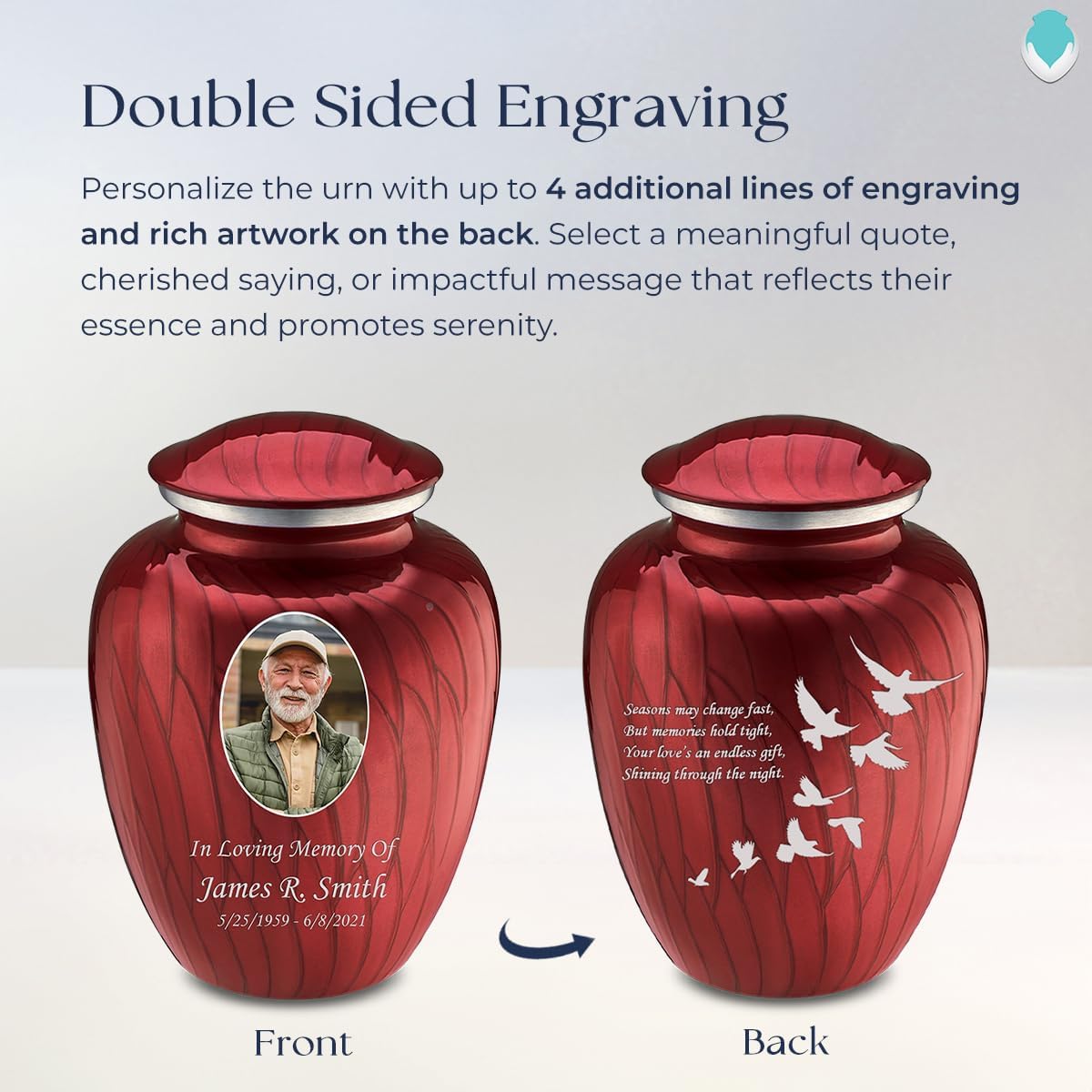 Geturns Embrace Adult Personalized Doves Cremation Urns for Human Ashes I Large Picture Pearl Candy Red Funeral Urn for Adult Men and Women with Double Side Engraving I 200 lbs