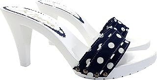 Women's White Clog with Blue Polka Dot Upper with Heel 9 - Made in Italy - K6401 POIS BLE (9 US, Blue Pois)
