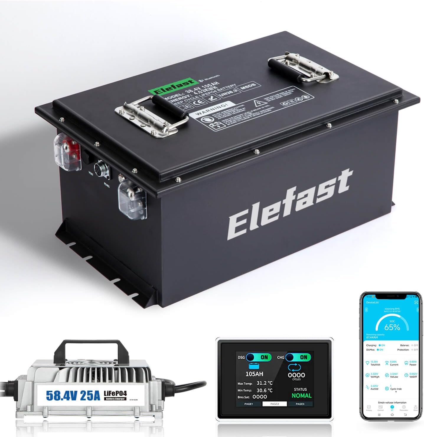 105AH 36V Lithium Golf Cart Battery with 25A Fast Charger and 2.8-inch LCD Touchscreen,Built-in 200A BMS and Bluetooth,Up to 6000+ Deep Cycle,Perfect for Golf Carts,Club Car,Lawnmower
