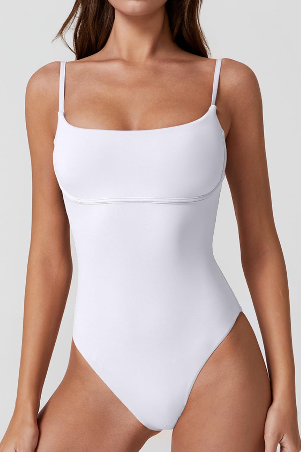QINSEN Womens Seamed Cup Spaghetti Straps One Piece Bathing Suits Tummy Control Cheeky Swimsuit