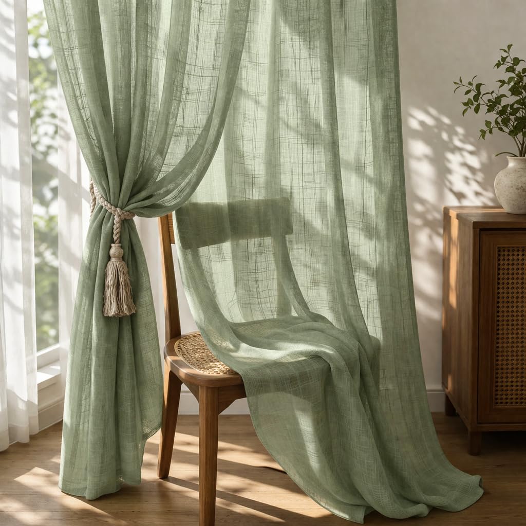 THE LINEN COMPANY Cotton Linen Extra Long Sheer Door Drapes, Semi Transparent Light Filtering Curtain with Rod Pocket, Elegant Privacy Panel for Home & Living Room, Avocado Green, 10 Feet, Pack of 2-image-17