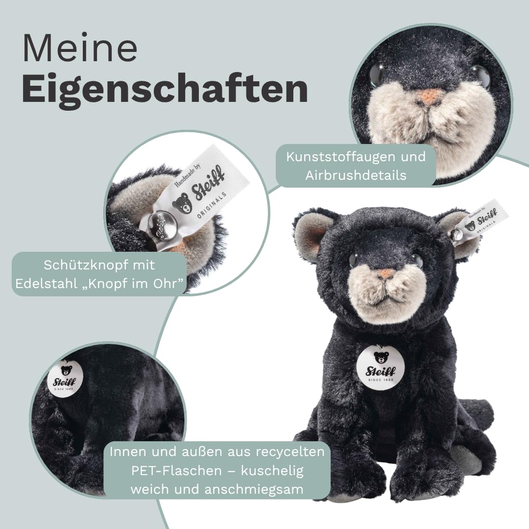 Steiff Kuscheltier Taky Baby Panther, Süßes Stofftier mit Kunststoffaugen, Kinder, Jungen & Mädchen, Plüschtier 19 cm, Schwarz, 067938