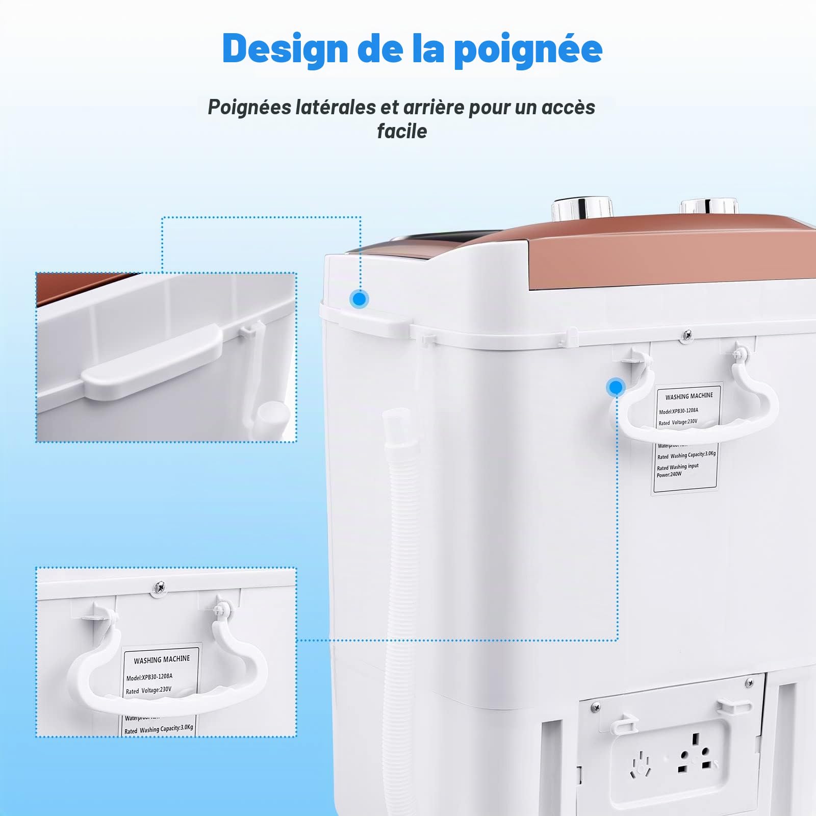 TUKAILAI Mini Machine à Laver Portable avec Essorage, Puissance de 240W 220V, Capacité 3KG de Linge et Essorage 1,5 KG, Petite Laveuse Idéal pour Voyages Caravanes et Camping-cars Appartement