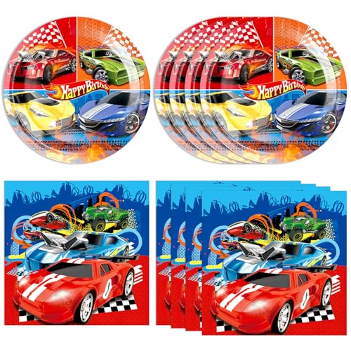DURYGEN 40 Pieces Cars Birthday Party Decorations Hot Car Disposable Tableware Set Include Racing Car Plates Napkins Party Supplies Kit for Kids Boys Racing Birthday Decorations