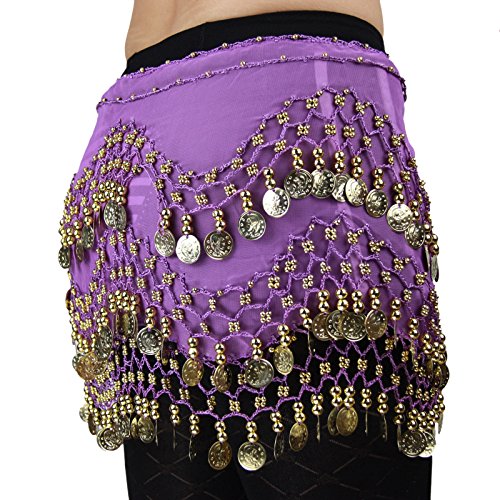 - Hoter pañuelo de gasa con monedas doradas colgando para danza del vientre, a la cadera, Niña mujer, morado