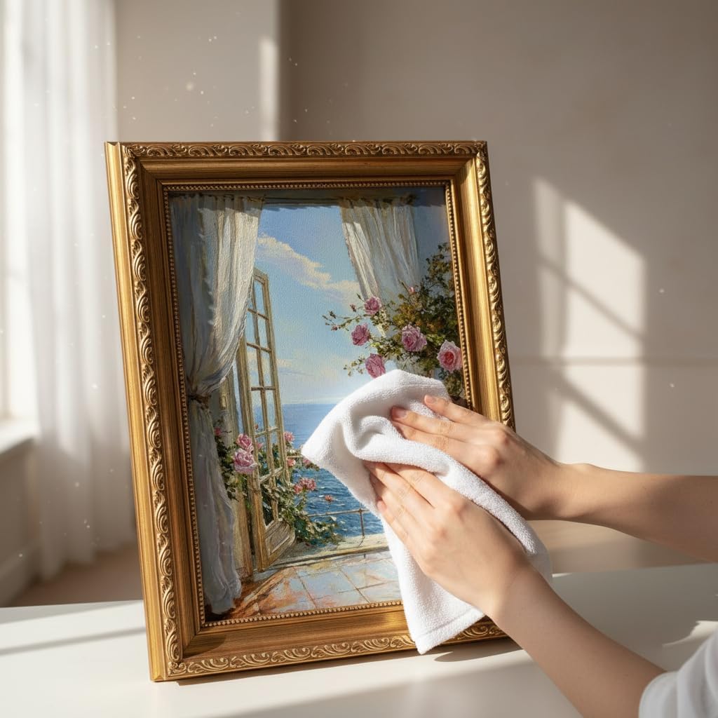 Vintage Glod Framed 3D Texture Coastal Floral Wall Art Mediterranean Beach Painting Picture Wall Decor Open Window Flower Poster Print Artwork for Bedroom Girls' Room Bathroom Home Decoration