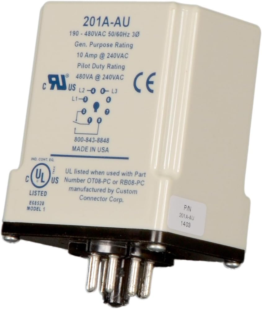 Symcom MotorSaver 3-Phase Voltage Monitor, Model 201A-AU, 190-480V, Variable Trip Point, Restart Delay, Trip Delay, and Voltage Unbalance, 8-Pin Octal BaseQ