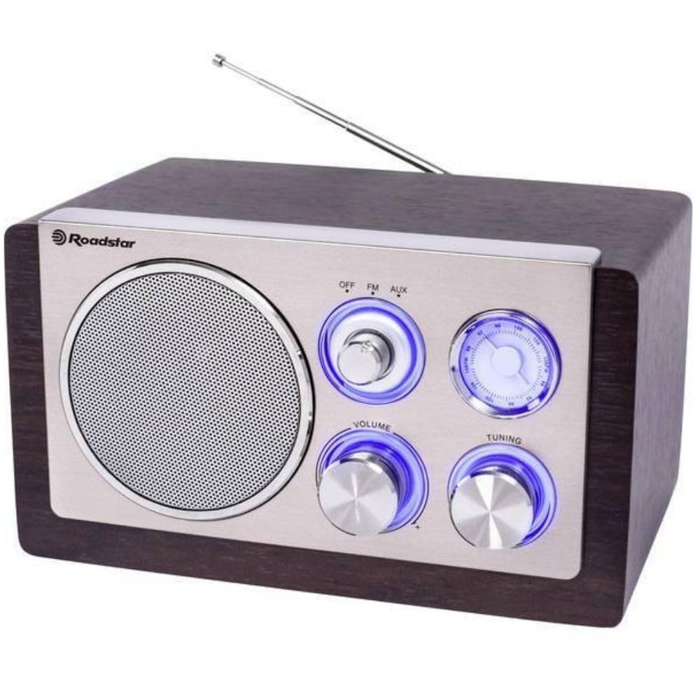Roadstar HRA1245NWD Radio Portable Analogique FM Vintage, Haut-Parleur 16W à 1 Voie, Radio Rétro Compacte pour la Maison et la Cuisine, Éclairage LED, Bois