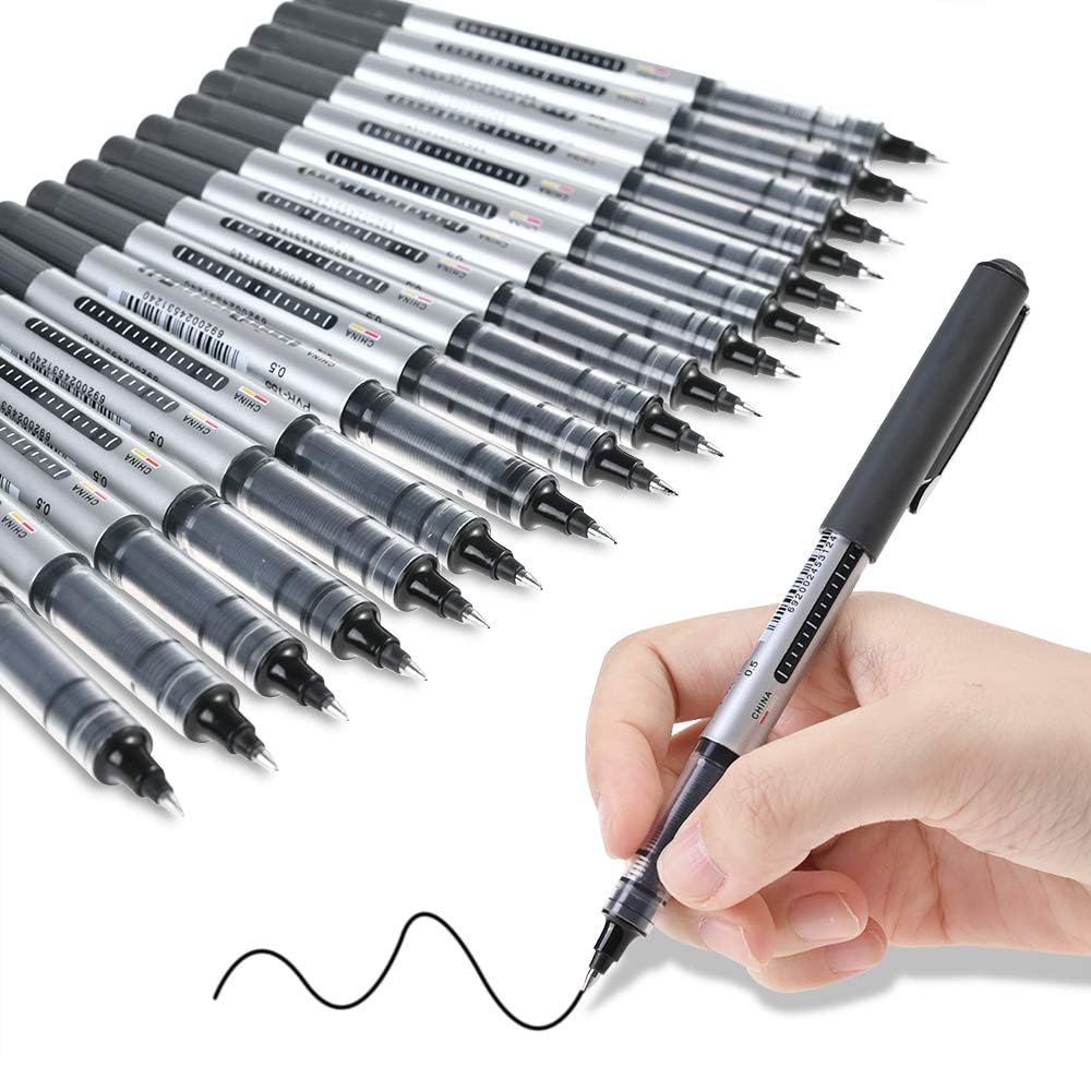 GOLDGE17 Pieces Ballpoint Pen, Black Liquid Ink Rollerball Pen, Extra Fine Tip 0.5 mm Quick Drying