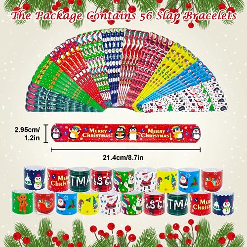 Image of JUNEBRUSHS 56 Pack Christmas Slap Bracelets Xmas Slap Bands Wristband Party Favors Snap Bracelets Bulk for Christmas Gifts Toys Stocking Stuffers
