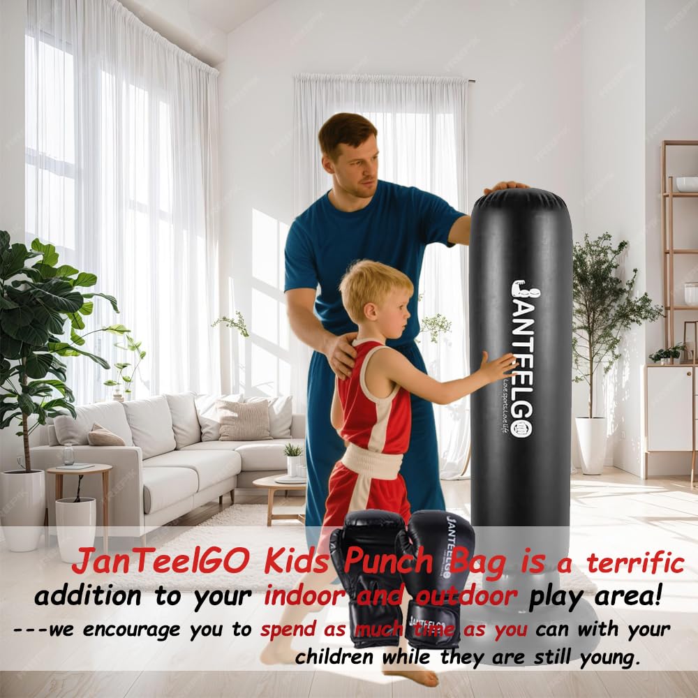Sacco da Boxe da Terra con Guantoni da Boxe: JanTeelGO 150cm Sacco Box Bambino Allenamento Boxe - Punching Ball Bambini e Ragazze Età 3-12 per Praticare Karate, Taekwond